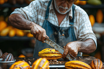 Man cutting cacao pod open on cacao plantation