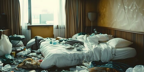 Untidy hotel room post wild party: scattered trash, unmade bed, and overflowing garbage bags. Concept Messy Hotel Room, Post-Party Cleanup, Overflowing Trash, Unmade Bed