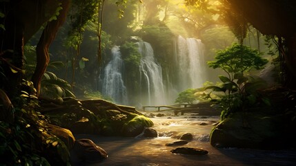 Panorama of a waterfall in the rainforest at sunset. Beautiful nature background