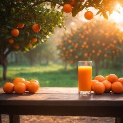 Fresh oranges and orange juice glass on table, garden in background. - 770066814