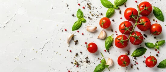 Tomato sauce ingredients include cherry tomatoes, garlic, green basil, black pepper, and salt on a white background with space for text.