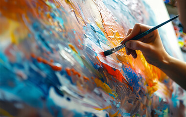 A brush in the hands of an artist paints a picture with oil paints. Close-up.