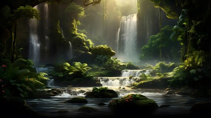 Waterfall in the forest. Panoramic image of a waterfall. - obrazy, fototapety, plakaty