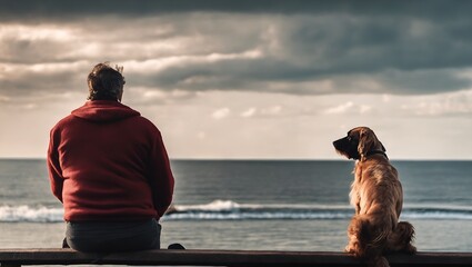 Rear view of man and his dog looking at lake sea water. Generative AI - 770067076