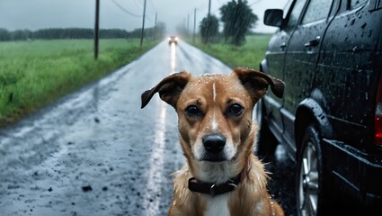 Dog abandoned on road, leaving car in the background - obrazy, fototapety, plakaty