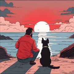Rear view of man and his dog looking at lake sea water. Generative AI - 770067213