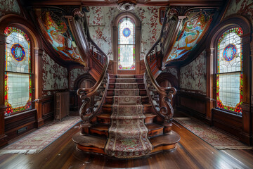 Victorian-era foyer with richly stained wood staircase featuring elaborate scrollwork. Stained glass windows and period-appropriate wallpaper adorn walls. Ornate carpet runs up center of stairs. - obrazy, fototapety, plakaty