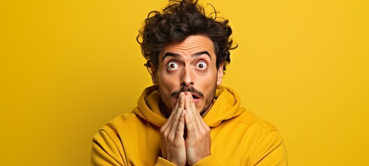 Man with shocked expression, covering mouth with hands, against yellow background. Concept of astonishment, surprise reaction, unexpected events, and unexpected news. Wide banner - obrazy, fototapety, plakaty