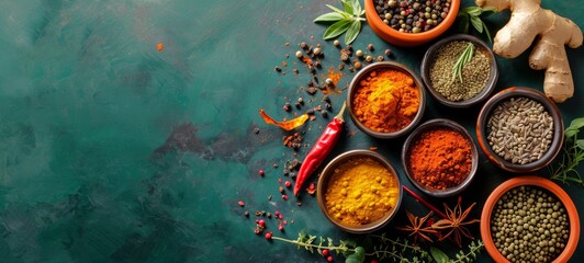 Assortment of colorful spices, seasonings and herbs in bowls on a dark green surface. Top view. Wide banner with copy space. Concept of cooking, culinary arts, seasoning, and gourmet ingredients.