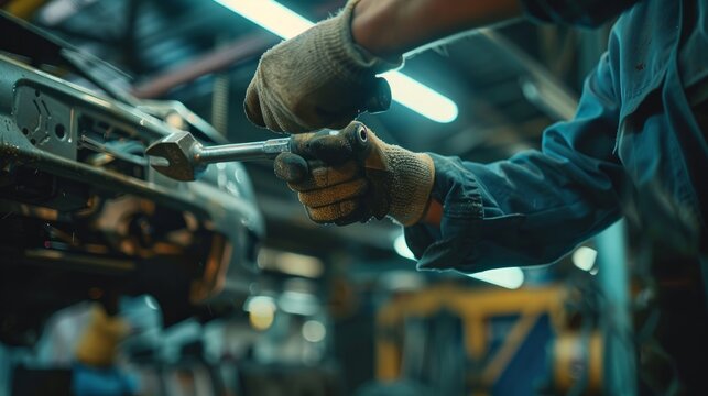 A skilled mechanic in a well-equipped workshop, wearing gloves, uses a ratchet to fix a vehicle underneath.