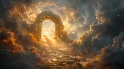 Surreal arch with radiant light opening in a cloud-filled realm. Stairway to a mystical portal amongst the clouds. Concept of dream realm, celestial entrance, spiritual journey, and ethereal beauty. - obrazy, fototapety, plakaty