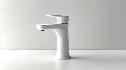 Minimalist water tap with a matte white finish, against a light backdrop. Modern faucet design. Concept of modern plumbing, kitchen design, elegant fixtures, and clean lines - obrazy, fototapety, plakaty