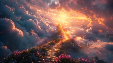 Fototapeta premium Enchanted path through blossoming clouds towards a sunset. Flower-lined stairway piercing through a cloudy realm. Concept of magical journey, nature's beauty, dreamlike escape, and serenity.
