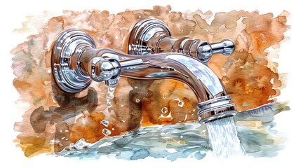 Faucet with water stream in a watercolor style. Vibrant splashes representing water flow from a tap. Concept of Concept of fluid motion, water usage, and artistic expression. Vibrant art - obrazy, fototapety, plakaty