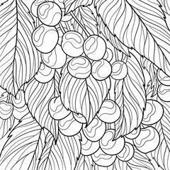 Coloring page, cherry branch with berries and leaves close up. Fruit tree branch, botanical illustration, nature drawing, summer garden