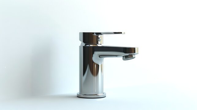 Contemporary water faucet with a reflective surface. Minimalist water tap design. Light background. Concept of modern kitchen, clean lines, plumbing fixtures, and home interior design.