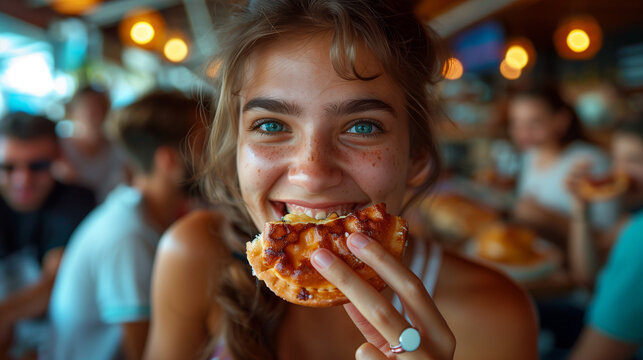 Smiling girl eating a portuguese tart pastel de belém.
