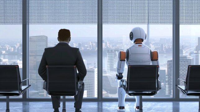 A human and an AI robot eagerly await a job interview, representing the ongoing competition between humans and AI in the workplace.
