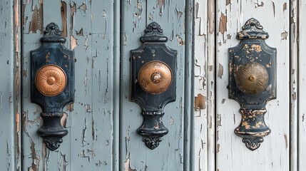 Antique black door plates with copper knobs. Classic door hardware on chipped paint door. Door handles. Concept of retro home design, period details, decorative plates, and architectural accents.