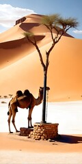 desert camel, A well in the desert, water problems, drought. Water shortages. - 770067654