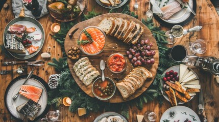 Fototapeta premium A well-set wooden dining table adorned with dishes, a meat platter, cheese, and crackers