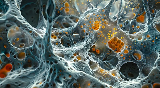 Microscopic view of cells, bacteria and viruses. Pathogens and microscopic organisms. Vibrant biomedical backdrop. Banner. Concept of microbiology, immunology, health research, infection