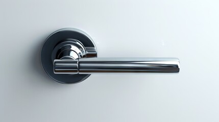 Modern sleek chrome Latch Door Handle isolated on light background. Contemporary doorknob with a glossy finish. Concept of minimalist design, stylish interiors, and modern decor.