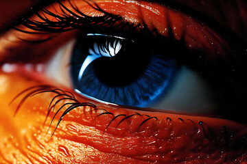 close view of human eye with blue iris and red skin - 770067813