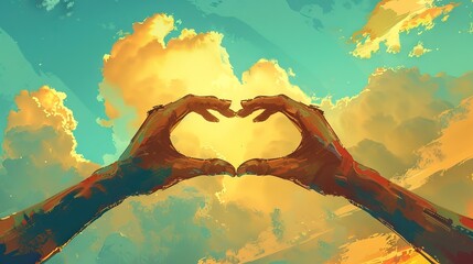 Two Hands forming heart shape against sky background. Symbol of love. Concept of togetherness, affection, romantic gestures, love signs, warm emotions. Oil painting illustration - obrazy, fototapety, plakaty
