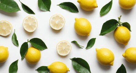 Fresh lemons with green leaves on white. Food background. Top view
