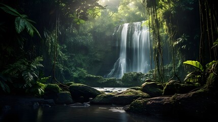 Panorama of a waterfall in the rainforest. Long exposure.