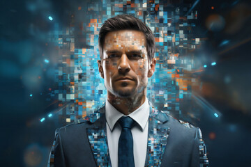 portrait of a businessman with a digital holographic structure and augmented reality particles around him, computer technologies of the future, the concept of cybernetics - 770067852