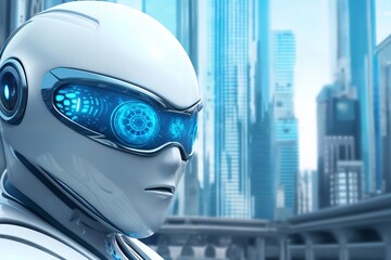 gynoid, a humanoid female android hybrid robot with a female face in a plastic helmet on the background of a futuristic city street, robotics concept - 770068021