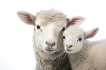 Fototapeta premium Sheep and Her Baby Close-up View on White Background