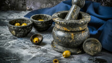  A tablecloth covers a table with bowls, a kettle, olive-filled olives Blue background