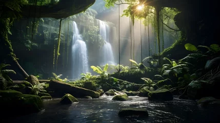 Tischdecke Panoramic view of the waterfall in the jungle. Beautiful nature background © Iman