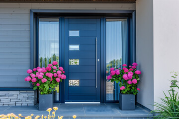 Fototapeta na wymiar Modern Dark Blue Exterior Door With 4 Glass Panels and Sidelights