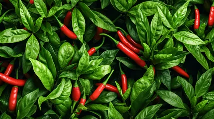 Fotobehang A bunch of green peppers with red stems. The peppers are in a garden and are surrounded by green leaves © Людмила Мазур