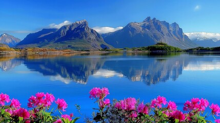  Pink flowers surround a lake, set amidst towering mountains and a clear blue sky