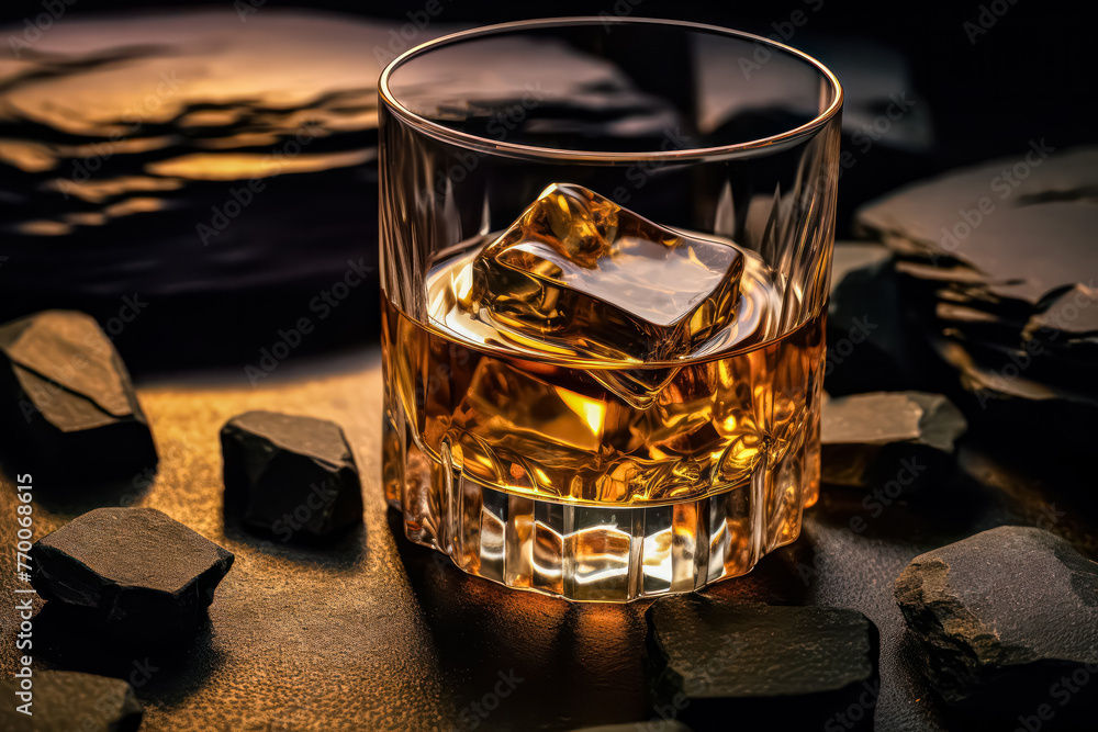 Aufkleber a glass of whiskey with ice cubes in it is sitting on a table with rocks. scene is relaxed and casua
