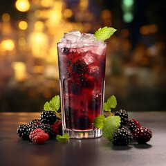 Refreshing blackberry and raspberry cocktail with ice cubes and mint leaf
