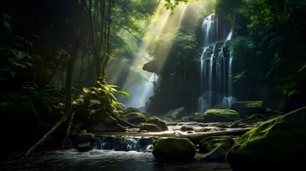 Panoramic view of a waterfall in the jungle with sunlight shining through the trees