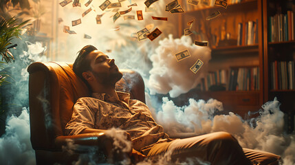 A  man sleeping with a cloud hovering above his head, within the cloud, there is a cascade of money bills gently floating [created with generative AI technology] - obrazy, fototapety, plakaty