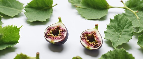 Fresh figs with green leaves on white background. - 770068683