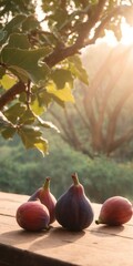 Fresh raw figs fruits on wooden table, field garden in background. - 770068687