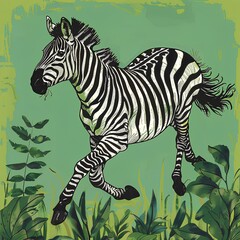 Fototapeta na wymiar Doodle illustration of zebra running on green background, wallpaper design generated with AI