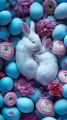 two cute white bunnies sleeping in a bed of azure pastel eggs with some dark pink ranunculus in full bloom - obrazy, fototapety, plakaty