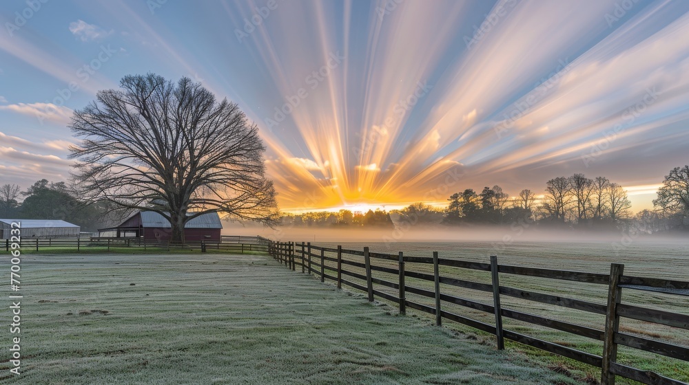 Aufkleber a pasture with a wooden fence separating it from a red barn, bathed in sunlight filtering through cl