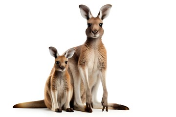 Kangaroo Mother and Joey on White Background - obrazy, fototapety, plakaty
