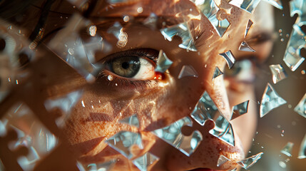 Woman's emotional vulnerability depicted as shattered pieces of a mirror puzzle 